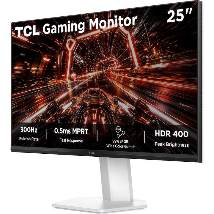 Monitor Gaming TCL LED 25P1AD, 25", FHD (1920x1080), 300Hz, 0.5ms MPRT Fast Response, AMD FreeSync™, Smart Shadow Boost, HDR400, Culoare Alb