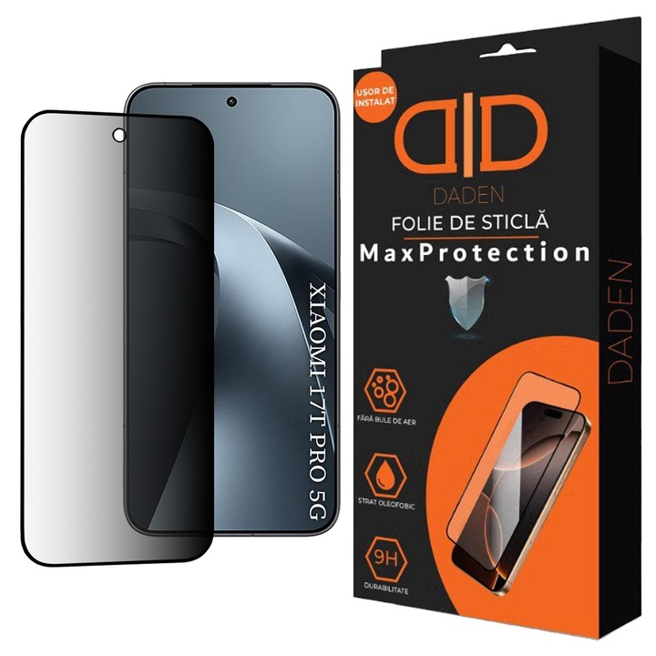 Adatvédelmi üvegfólia Xiaomi 17T Pro Daden MaxProtection-hoz, Teljes fedés, Professzionális védelem, Ultra ellenálló, Prémium minőség, Fekete élek