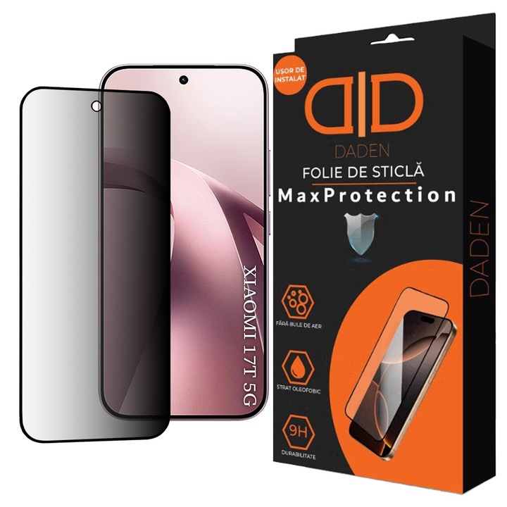 Adatvédelmi üvegfólia Xiaomi 17T Daden MaxProtection, Teljes fedés, Professzionális védelem, Ultra ellenálló, Prémium minőség, Fekete élek