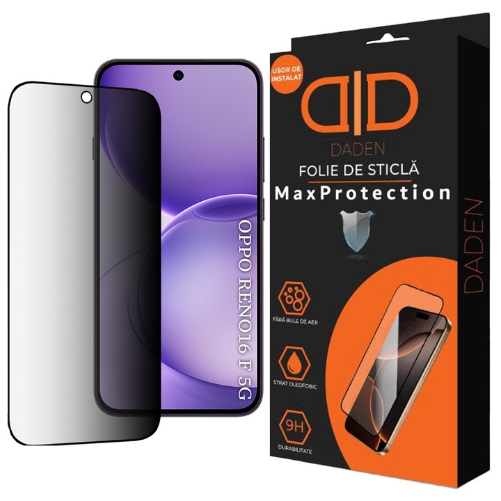 Privacy üvegfólia Oppo Reno 16 F / Reno 16 FS Daden MaxProtection, Teljes fedés, Professzionális védelem, Ultra ellenálló, Prémium minőség, Fekete élek