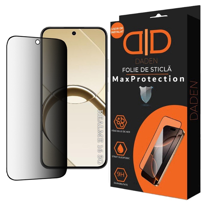 Privacy üvegfólia Realme 16 5G Daden MaxProtection-hez, Teljes fedés, Professzionális védelem, Ultra ellenálló, Prémium minőség, Fekete élek