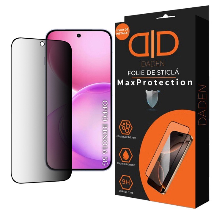 Защитно фолио за екран Privacy за Oppo Reno 16 / Reno 16 Pro Daden MaxProtection, пълно покритие, професионална защита, ултра устойчиво, първокласно качество, черни ръбове