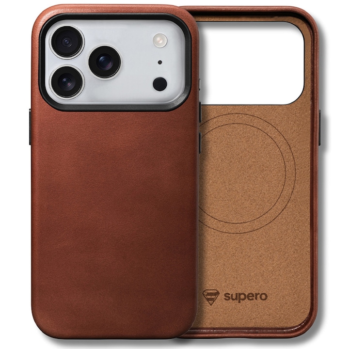 Husa din piele, Supero, din piele naturala + policarbonat, interior microfibra, compatibila MagSafe cu inel integrat, slim si protectie margini ridicate, pentru iPhone 17 Pro Max, maro
