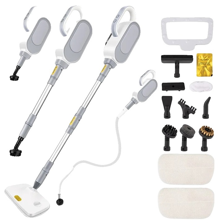 Aparat de curatat cu abur, maner portabil, perii multiple, alb, 500ml, 5m cablu