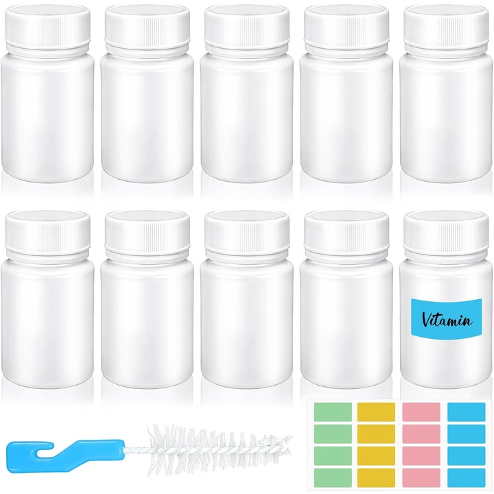 10 Flacoane Pastile Albe 50ml, Goale, cu Etichete si Perie