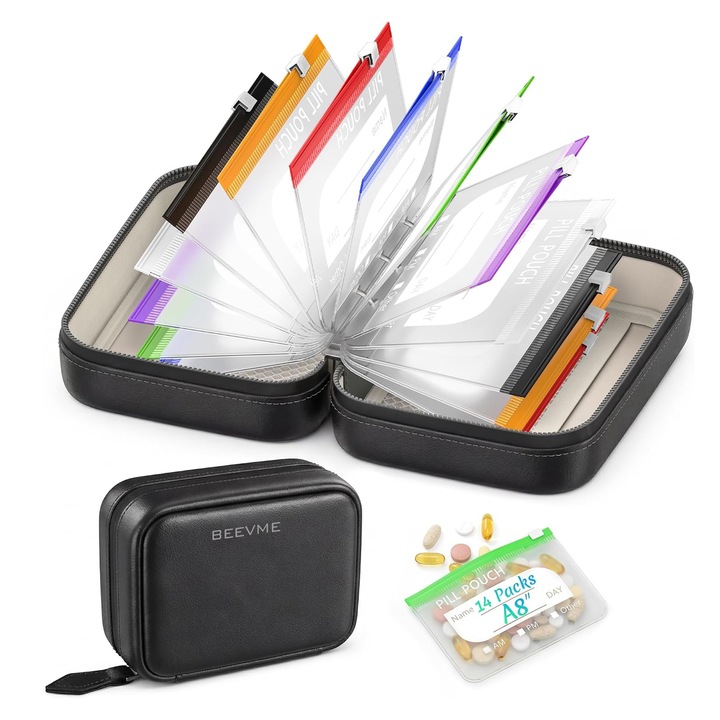 Set 14 plicuri impermeabile pentru medicamente, organizator saptamanal portabil, reutilizabil, cu fermoar, Negru