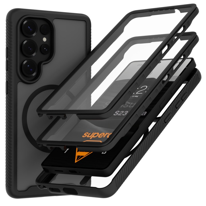 Husa protectoare 360° pentru Samsung Galaxy S23 Ultra, 360Protect Supero, protectie pancerna, inel magnetic compatibil MagSafe, combinatie TPU + policarbonat, geam protector integrat, doua rame frontale incluse, negru