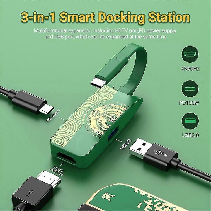 Докинг станция 3 в 1, зелена, 4K60Hz, USB-C, 100W, 12x8x3cm