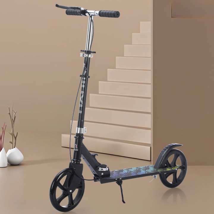 Trotineta Pliabila pentru Copii si Adolescenti, Roti PU 20 cm, Cadru din Otel Carbon, Frana de Mana + Frana Spate, Ghidon Reglabil 92-102 cm, Suporta pana la 100 kg, Negru