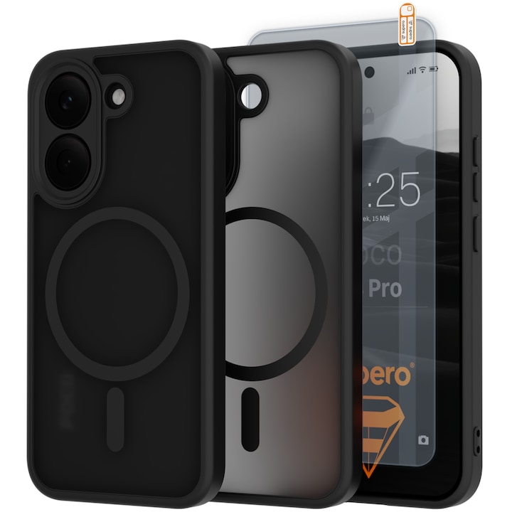 Husa telefon, Supero, compatibila MagSafe cu inel magnetic, include folie sticla securizata 9H, spate mat rezistent la amprente, protectie ridicata pentru camera, ultra-usoara, potrivita pentru Poco X8 Pro, negru