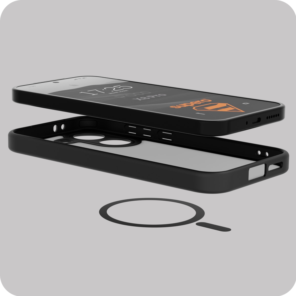 Husa telefon, Supero, compatibila MagSafe cu inel magnetic, include folie sticla securizata 9H, spate mat rezistent la amprente, protectie ridicata pentru camera, ultra-usoara, potrivita pentru Poco X8 Pro, negru