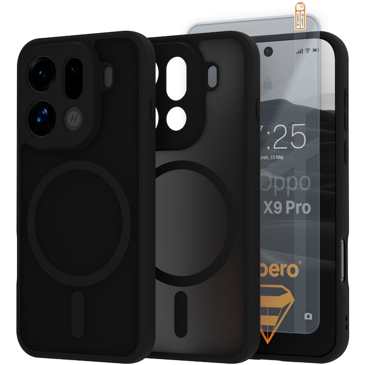 Husa telefon, Supero, compatibilitate MagSafe cu inel magnetic, protectie camera cu margine ridicata, suprafata mata anti-amprente, constructie ultrausoara, potrivit pentru Oppo Find X9 Pro, include folie sticla temperata, negru
