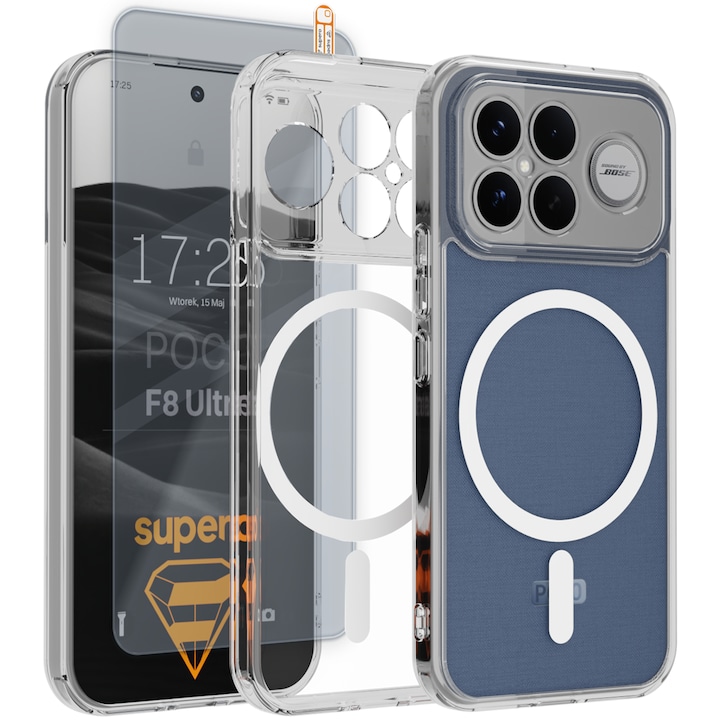 Husa magnetica rezistenta, Supero, compatibila Poco F8 Ultra, inel MagSafe incorporat, protectie cu colturi intarite, sticla securizata inclusa, TPU flexibil, transparent