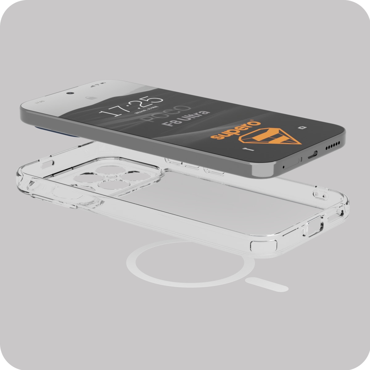 Husa magnetica rezistenta, Supero, compatibila Poco F8 Ultra, inel MagSafe incorporat, protectie cu colturi intarite, sticla securizata inclusa, TPU flexibil, transparent