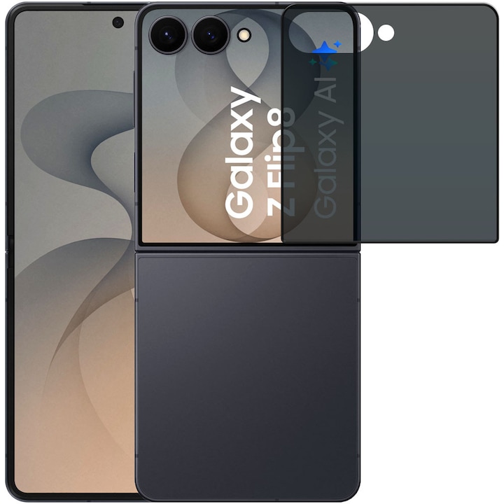 Folie din sticla securizata pentru Samsung Galaxy Z Flip 8, HAMSTERBOX Privacy Shield, Protectie completa ecran, Full face, Aplicare rapida, Case Friendly, Negru