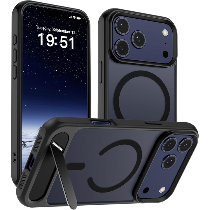 Husa pentru iPhone 17 Pro Max Negru, Magnet MagSafe N52, Kickstand Invizibil, Antisoc, Spate Mat