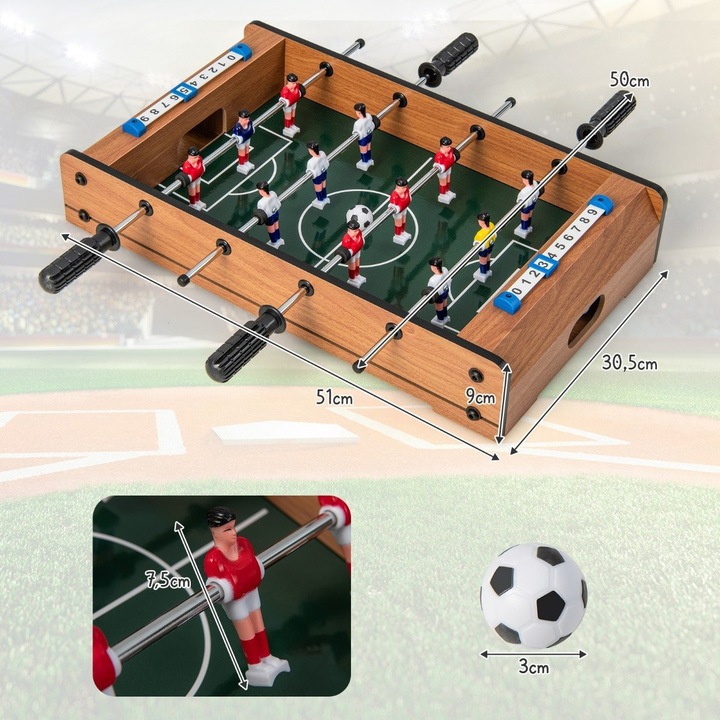 Masa de fotbal mini pentru 2 jucatori, masa de fotbal care economiseste spatiu cu maner robust, 51 x 30, 5 x 9 cm, natural