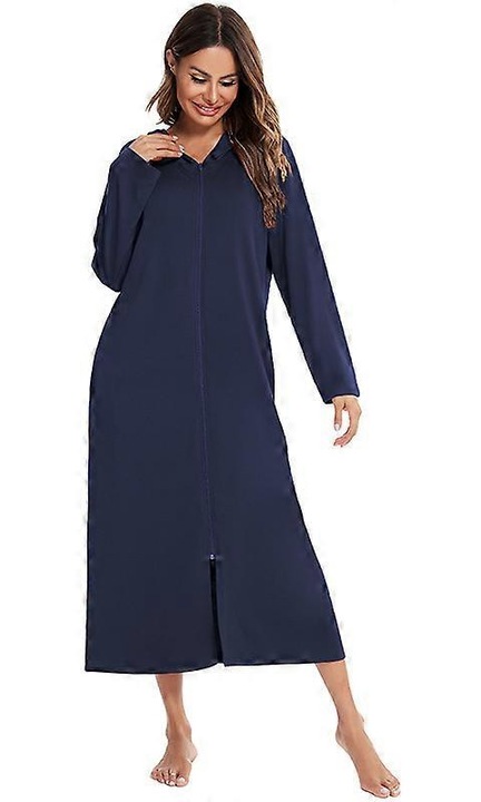 Pijama dama cardigan fermoar albastru bumbac, L INTL