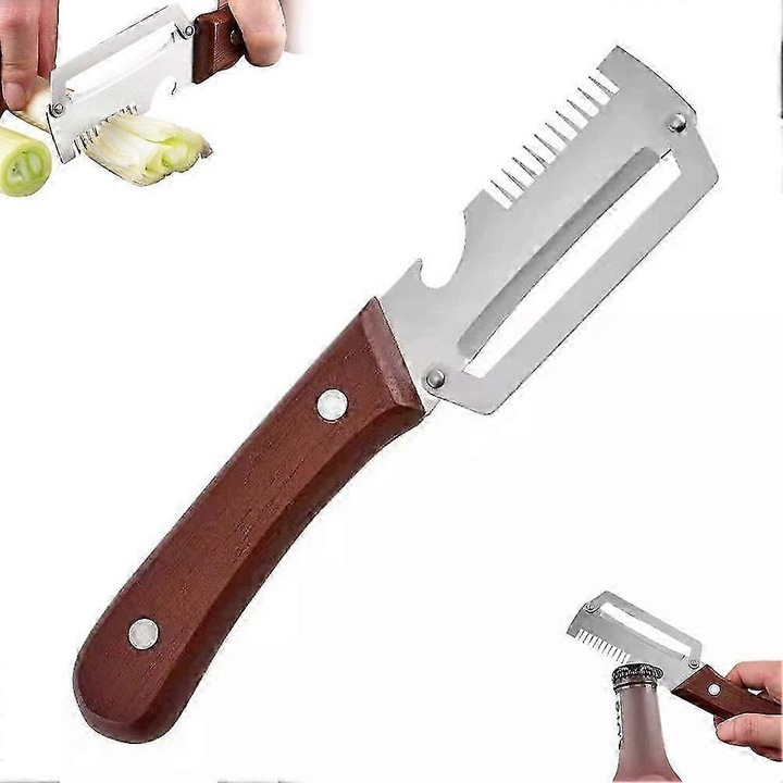 Curatator legume multifunctional 3 in 1, otel inoxidabil, maner lemn, 19x3.8cm