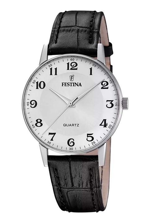 Festina, Часовник с кожена каишка, Сребрист, Черен