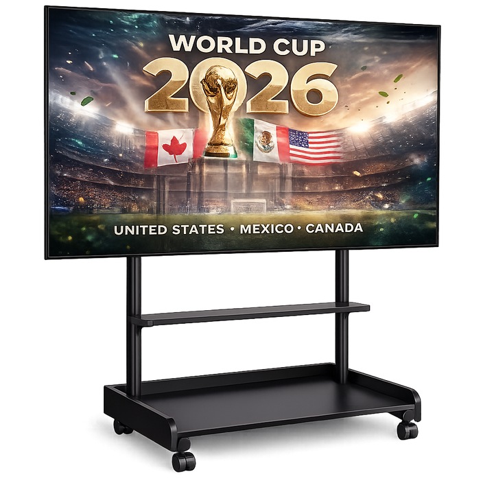 Stand / Suport TV profesional ELTEK®, mobil, reglabil inaltime, diagonala 50"-86" (127cm-218cm), rafturi echipamente, greutate maxima sustinuta 68 kg, VESA maxim 600 × 400, otel, negru