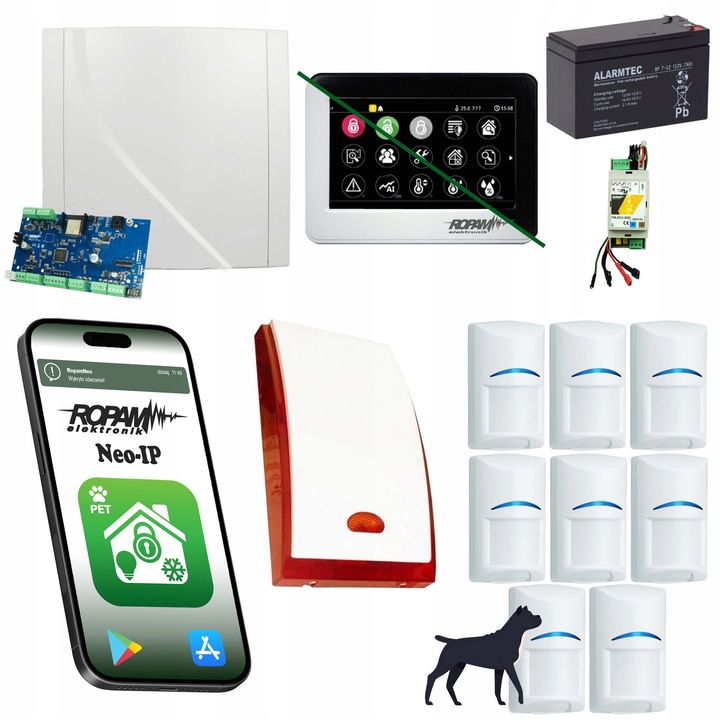 Ropam NEO-IP-SET riasztórendszer, 8 Bosch érzékelő, Wi-Fi, fekete-fehér, 4.3" panel, 12x12m