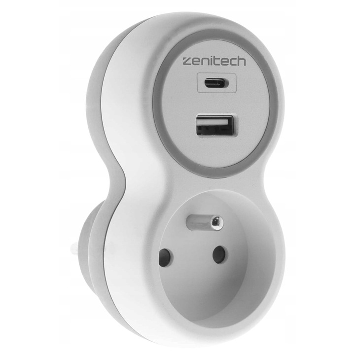 Priza electrica Zenitech 16A cu incarcare USB A+C alb-gri
