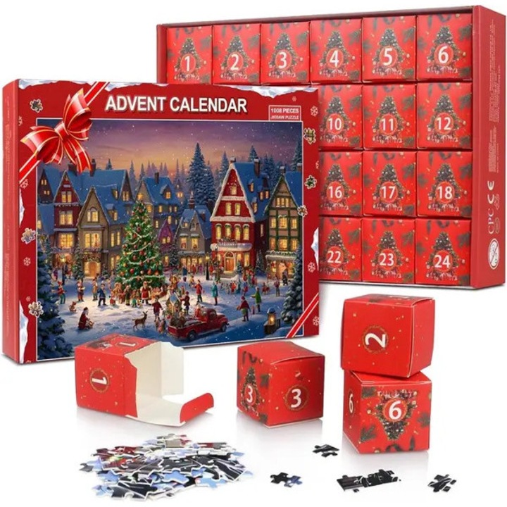 Комплект пъзел календар адвент 24 кутии 1008 части червен 52x75см