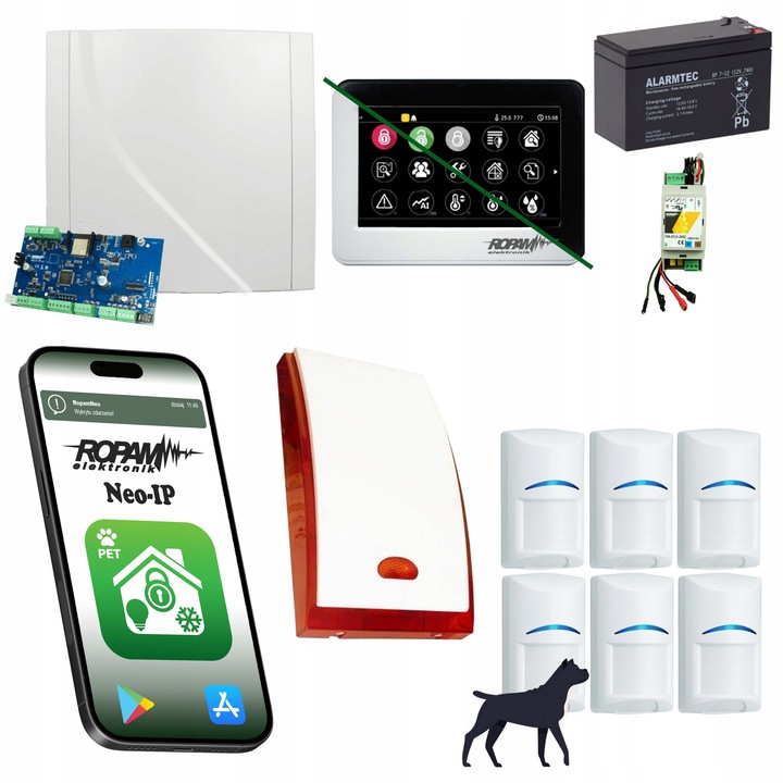 Ropam NEO-IP-SET riasztórendszer, 6 Bosch érzékelő, Wi-Fi, fekete-fehér, 4.3" érintőpanel