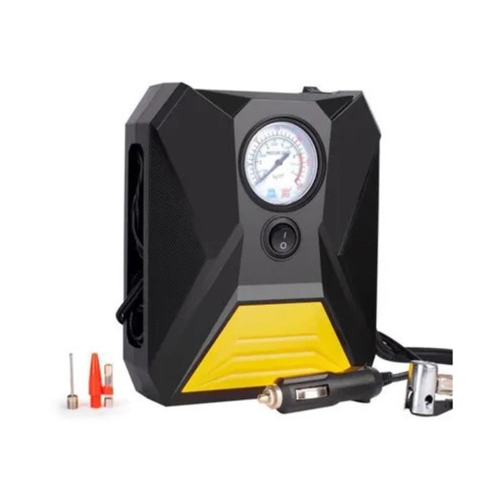 Compresor aer portabil 12V cu manometru si lumina LED, pentru masini si biciclete