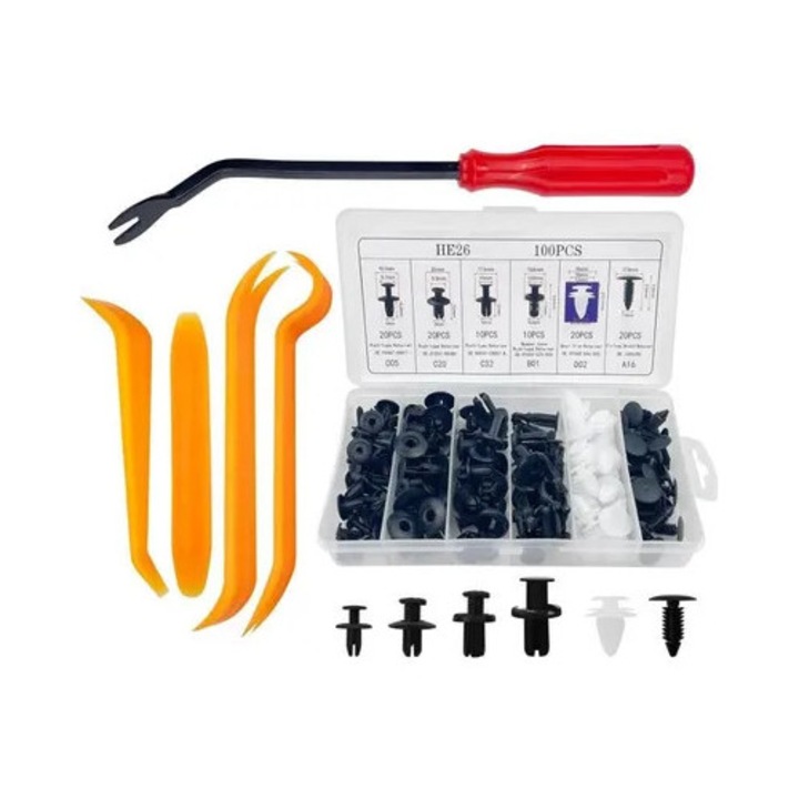 Set 100 cleme auto plastic 6 dimensiuni multicolor cu unealta demontare