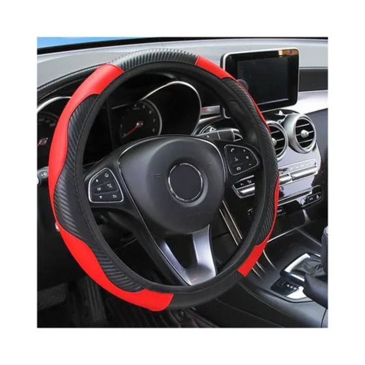 Husa volan auto 15 inch piele carbon rosu elastic