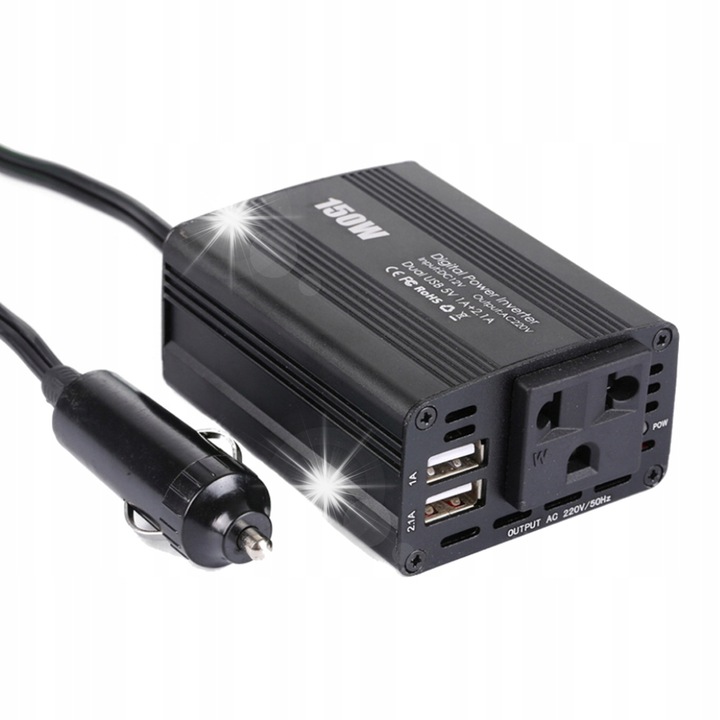 Autós inverter 150W 12V-ról 220V-ra, 2 USB, fém, 8,2x6,4x3,8cm