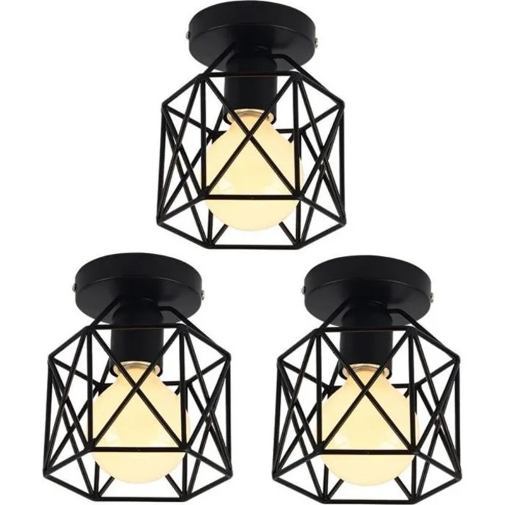 Set 3 lustre suspendate retro vintage negru 10x15x16cm E27