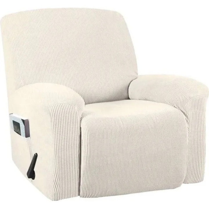 Husa pentru fotoliu recliner, alb, cu buzunar lateral, material elastic, antiderapant