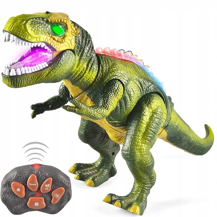Играчка динозавър с дистанционно управление ACR GI1HH9THYT0A5, T‑Rex с многоцветен LED, ходене, клатене на глава и рев, включено дистанционно управление, Многоцветен