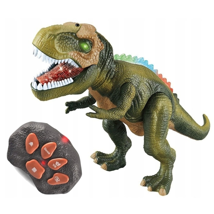Dinoszaurusz T-Rex távirányítós Pan i Pani Gadzet VNNFUHZUXO, interaktív, LED fények és hangeffektek, fej- és szájmozgások, zöld, 48 x 26 x 16 cm