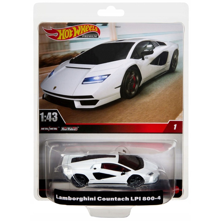 Hot Wheels Lamborghini Countach LPI 800-4 Premium 1:43 méretarányú modell, fém karosszéria/fém alváz, Real Riders kerekek, fehér, NOQSY1EEODIN