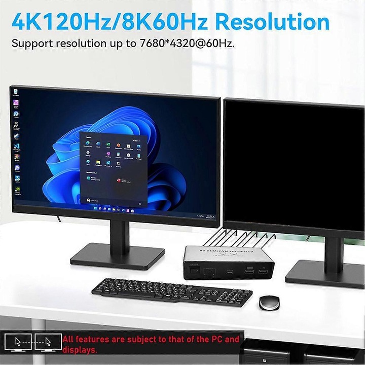 KVM kapcsoló 2x2 kétmonitoros 8K HDMI DP alumínium EU csatlakozó