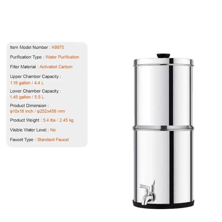 Sistem de filtrare a apei K8675 (PN 8785371393624), din otel inoxidabil 304, gravitational cu filtru cu carbune activ, capacitate 1.5 gallon (≈5.5 L), robinet standard, filtru pana la 6.000 gallon