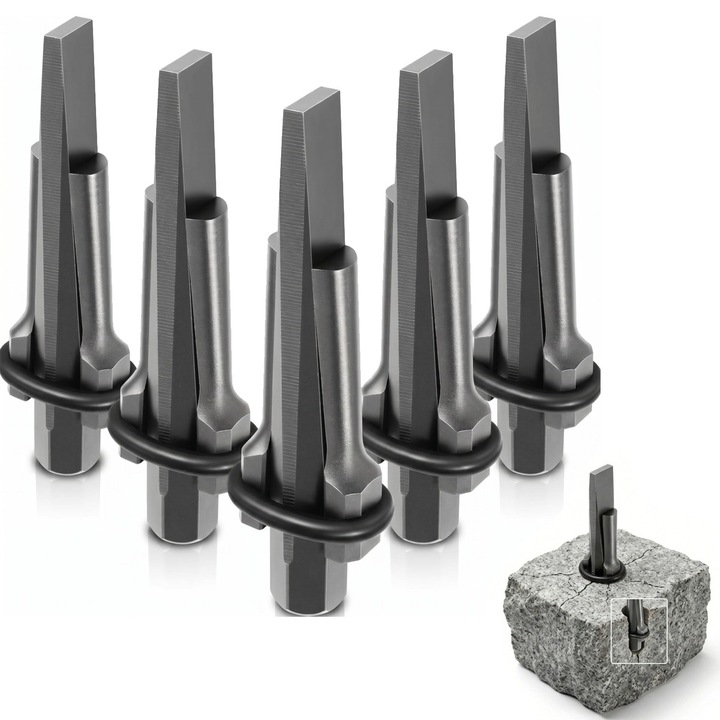 Set 5 pene pentru despicat piatra, otel crom-vanadiu, 16x105mm, gri, reutilizabile