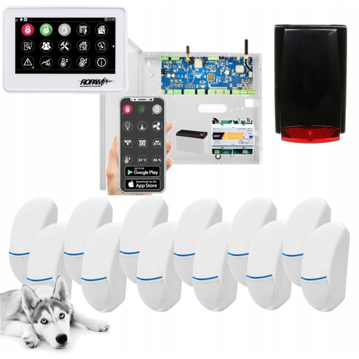 Ropam NeoLTE-IP-64 riasztórendszer szett, 12 érzékelő, fehér érintőpanel, fekete sziréna, WiFi, 325x305x95mm