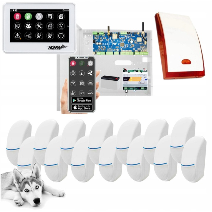 Ropam NeoLTE-IP-64 riasztórendszer szett, 14 érzékelő, fehér érintőpanel, WiFi, 12V 7Ah