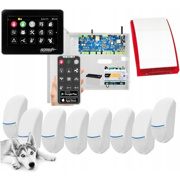 Ropam NeoLTE-IP-64 riasztórendszer szett, 8 érzékelő, WiFi, fekete érintőpanel, 12V 7Ah
