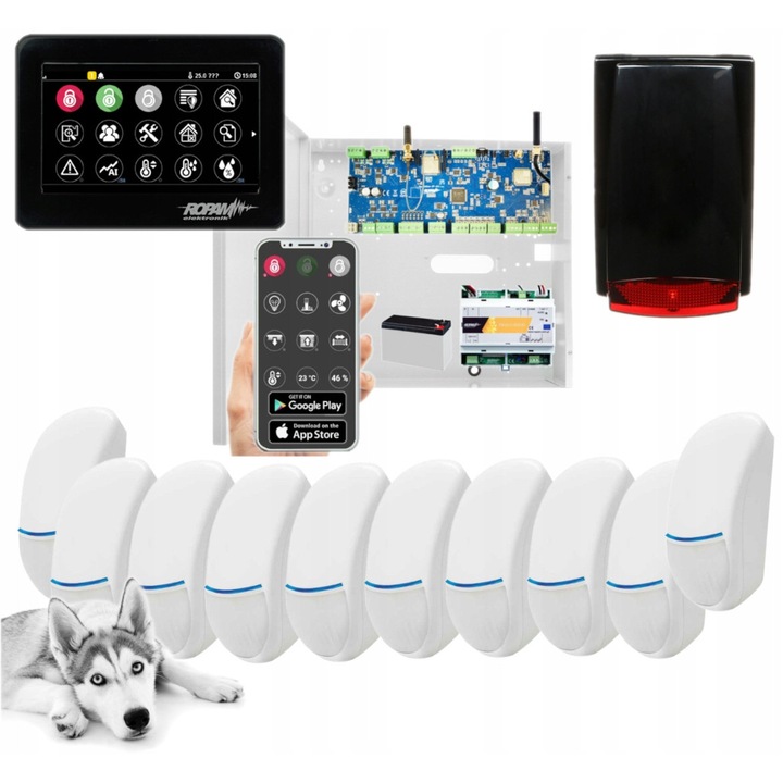Ropam NeoLTE-IP-64 riasztórendszer szett 10 Bingo Plus Pet érzékelővel, fekete érintőpanellel, fekete szirénával, WiFi, 12V 7Ah