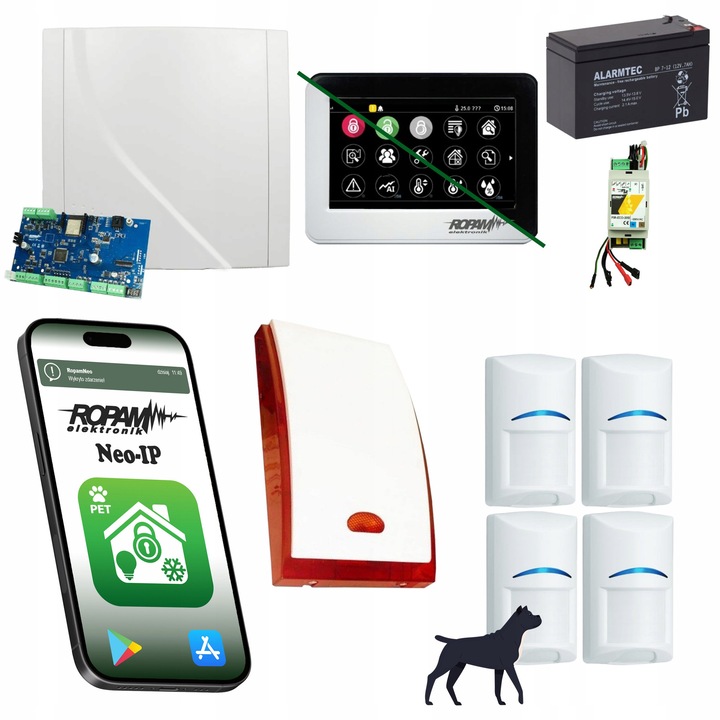 Ropam NEO-IP-SET riasztórendszer, 4 Bosch érzékelő, Wi-Fi, fekete-fehér, 4.3" érintőképernyő