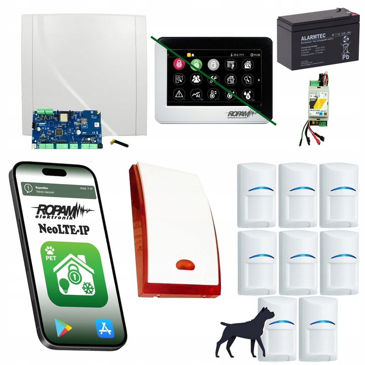 Ropam NEOLTE-IP-SET riasztórendszer, 8 Bosch érzékelő, kisállatbarát, fekete-fehér, 4.3" panel, 12x12m