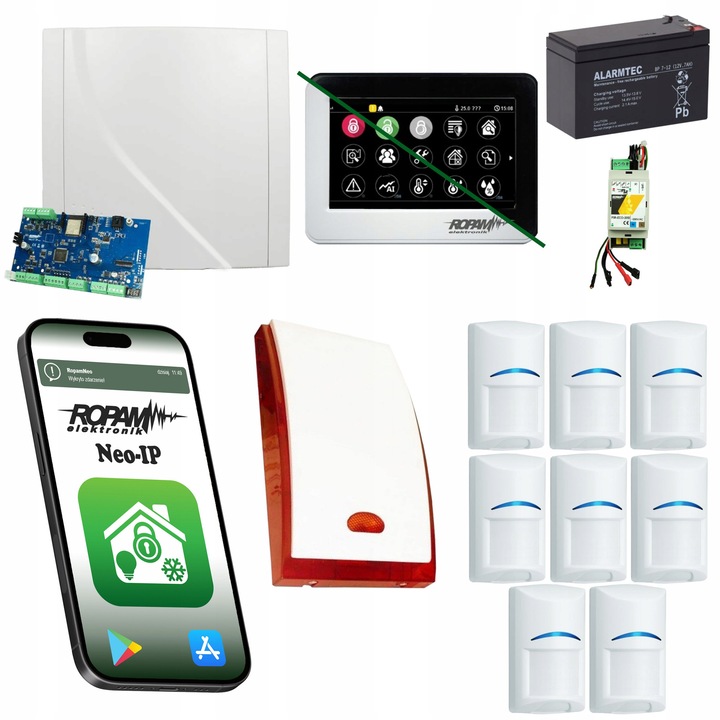 Ropam NEO-IP-SET riasztórendszer, 8 Bosch érzékelő, Wi-Fi, érintőpanel, fekete-fehér, komplett készlet