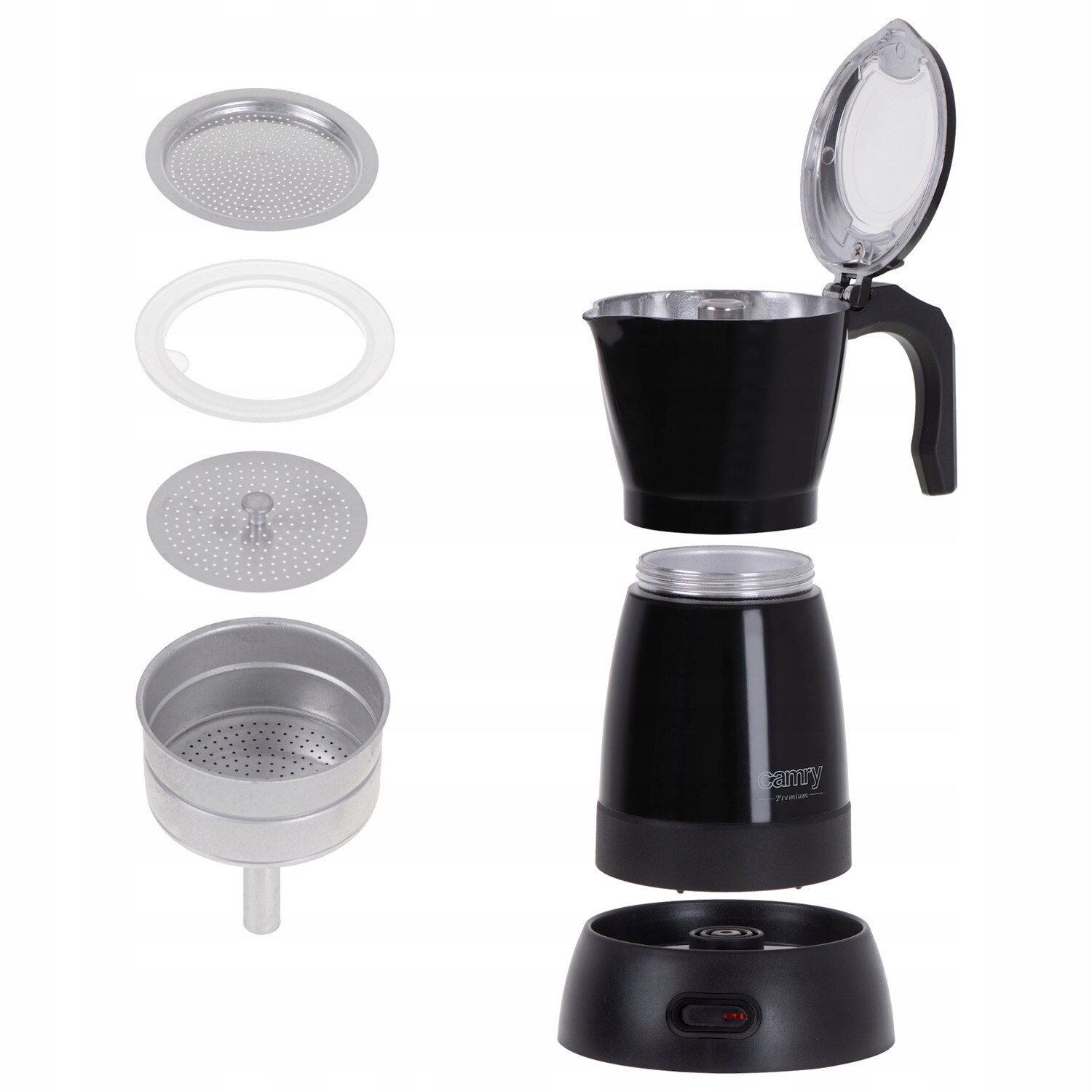 Cafetiera Moka electrica Camry CR 4415B (9GW7407U), 300 ml (6 cesti), 480 W, corp din aluminiu, negru