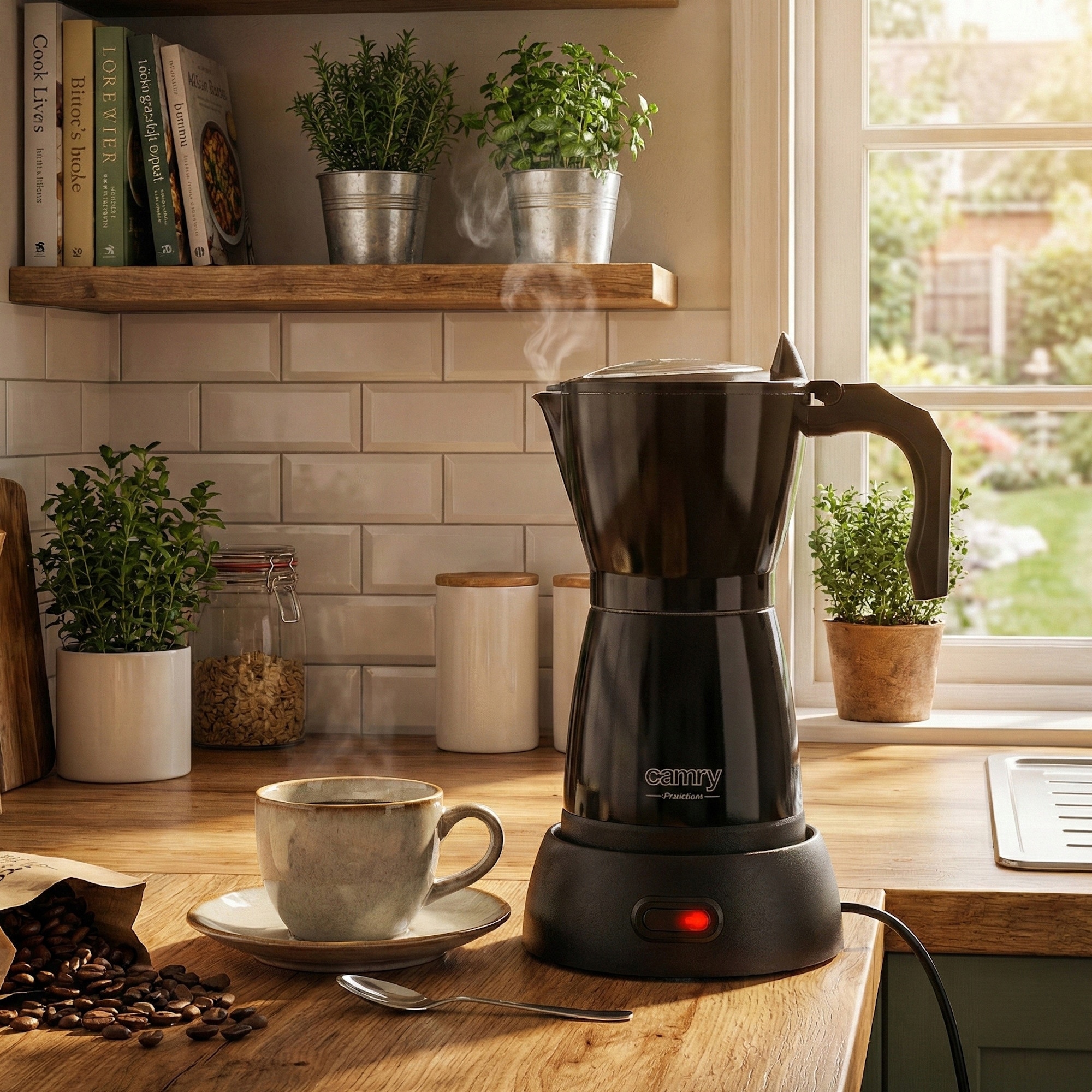 Cafetiera Moka electrica Camry CR 4415B (9GW7407U), 300 ml (6 cesti), 480 W, corp din aluminiu, negru